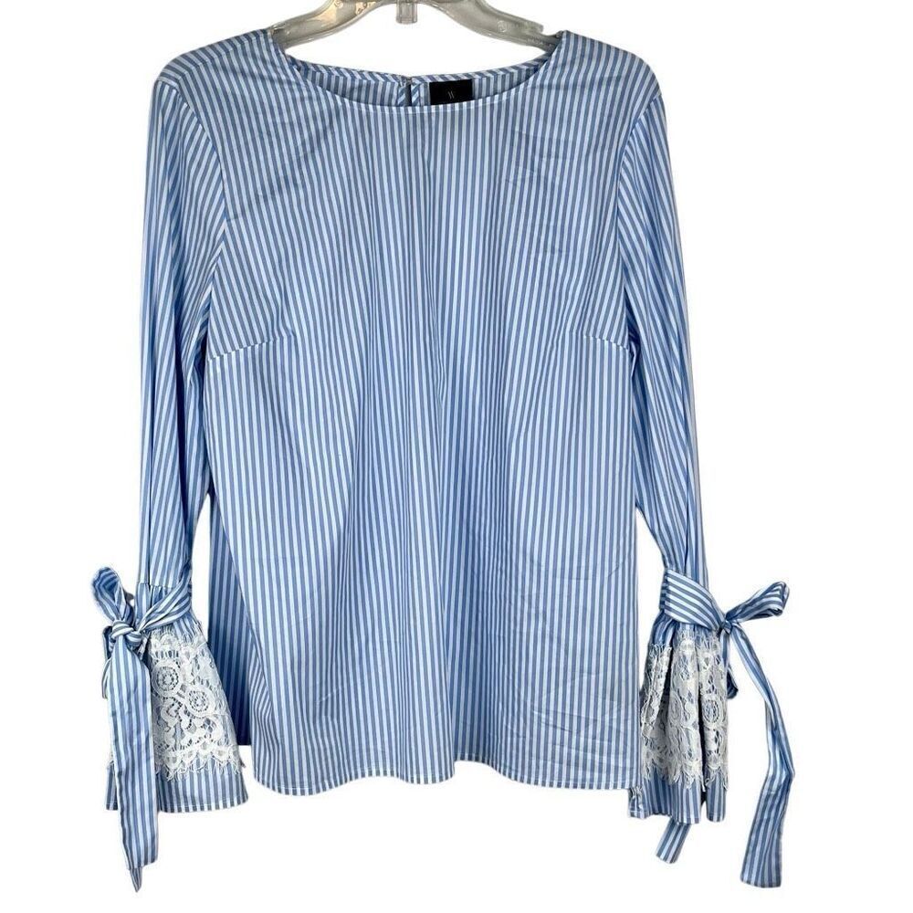 Worthington Striped Long Lace Tie Bell Sleeve Blouse Large